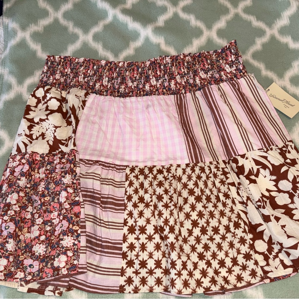 Universal Thread Patchwork Midi Skirt in Brown and Pink